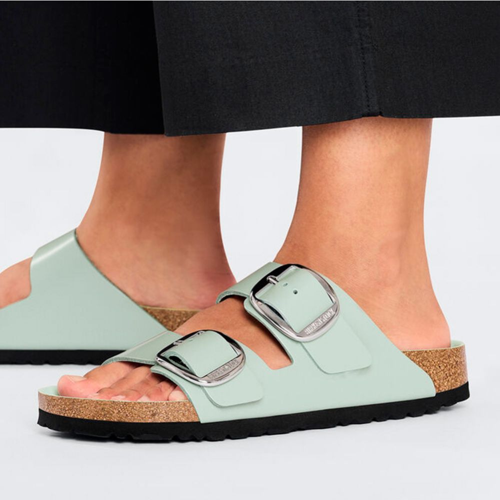 Birkenstock Women's Arizona Big Buckle Natural Leather Patent in High Shine Surf Green - Getoutside Shoes