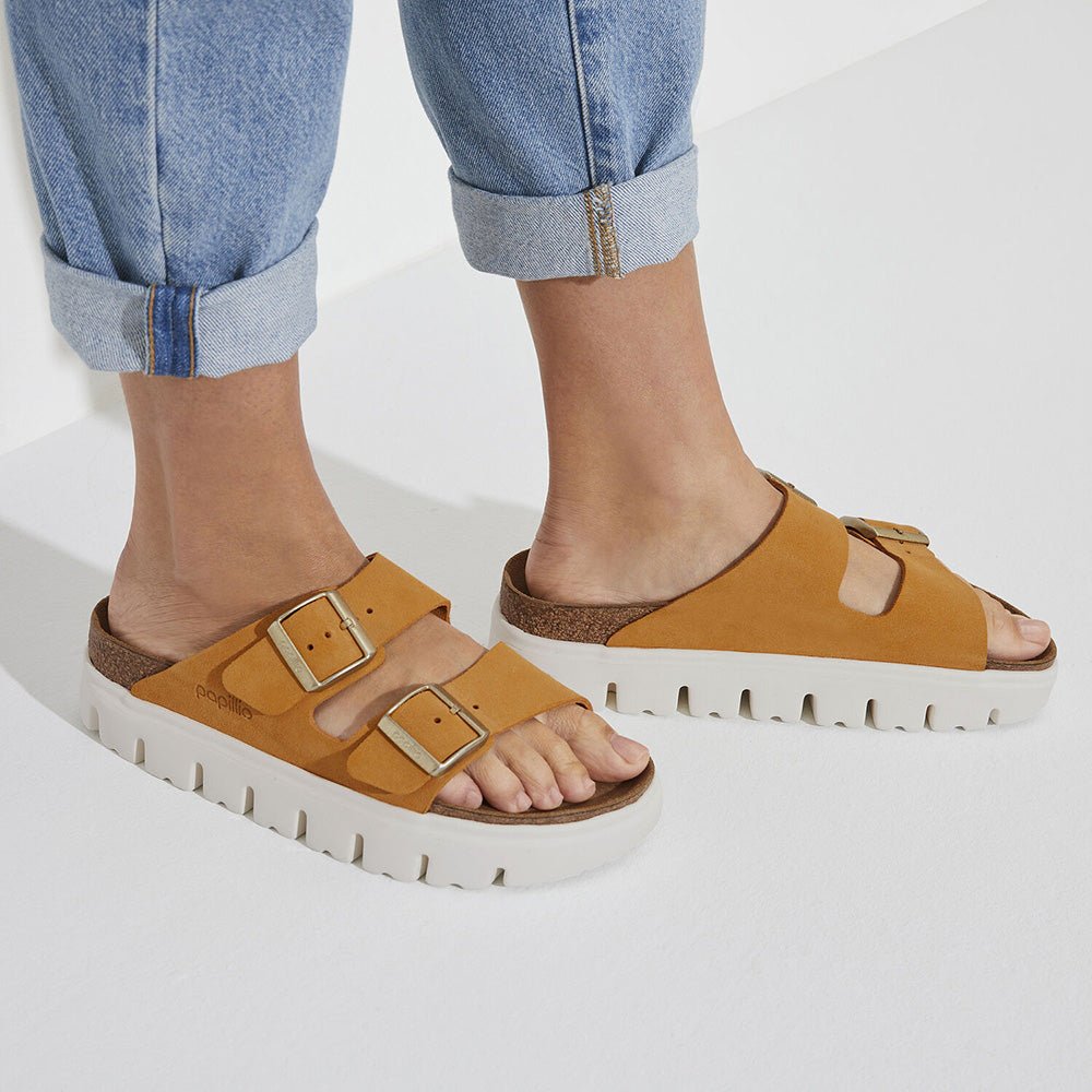 Birkenstock Women's Arizona Chunky Suede Leather in Apricot - Getoutside Shoes