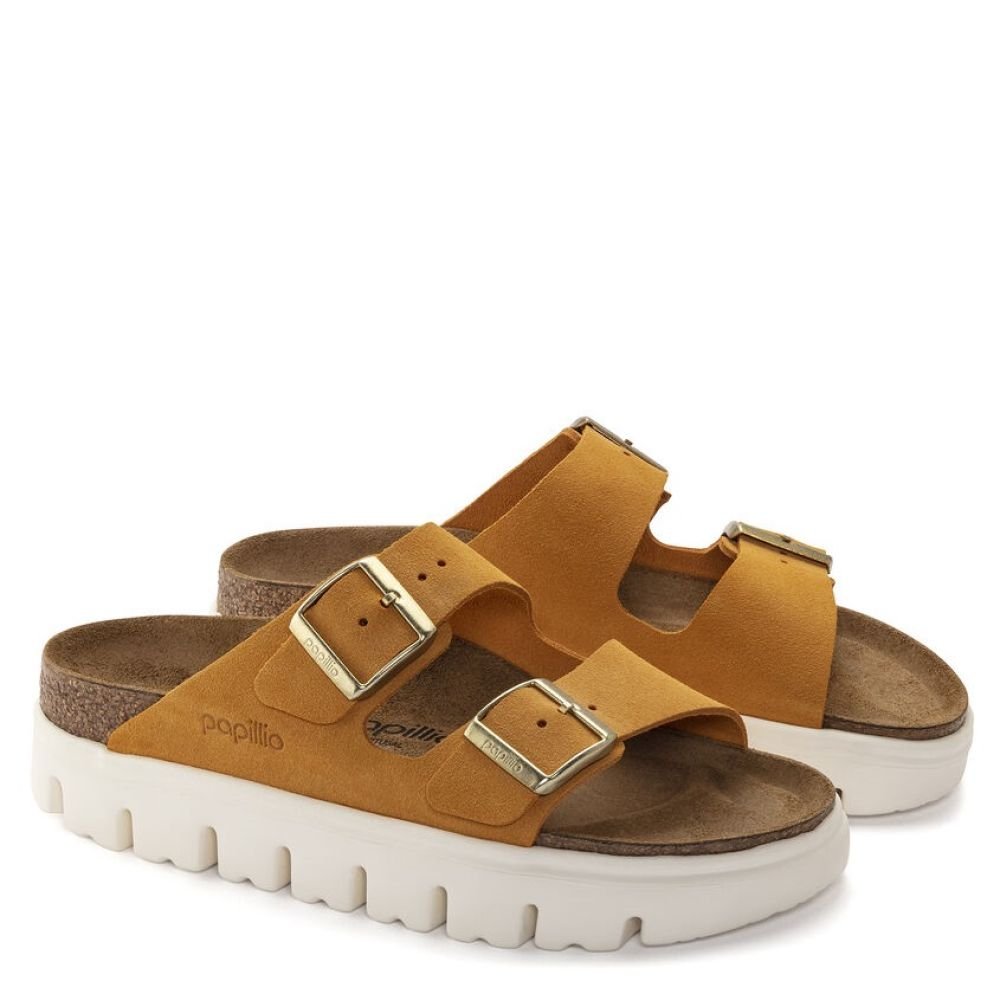 Birkenstock Women's Arizona Chunky Suede Leather in Apricot - Getoutside Shoes