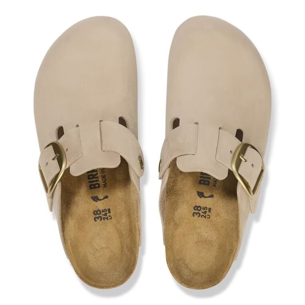 Birkenstock Women's Boston Big Buckle Nubuck Leather in Sandcastle - Getoutside Shoes