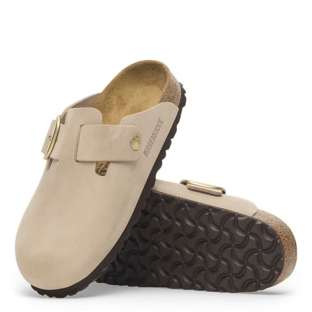 Birkenstock Women's Boston Big Buckle Nubuck Leather in Sandcastle - Getoutside Shoes