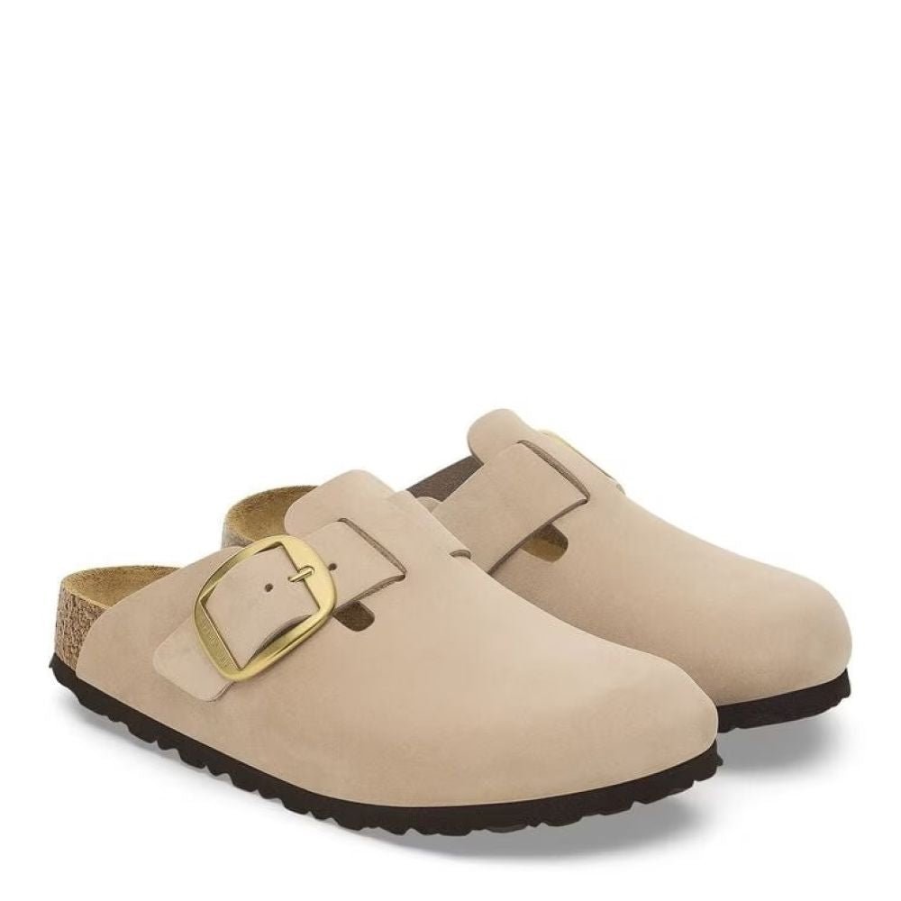 Birkenstock Women's Boston Big Buckle Nubuck Leather in Sandcastle - Getoutside Shoes