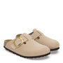 Birkenstock Women's Boston Big Buckle Nubuck Leather in Sandcastle - Getoutside Shoes