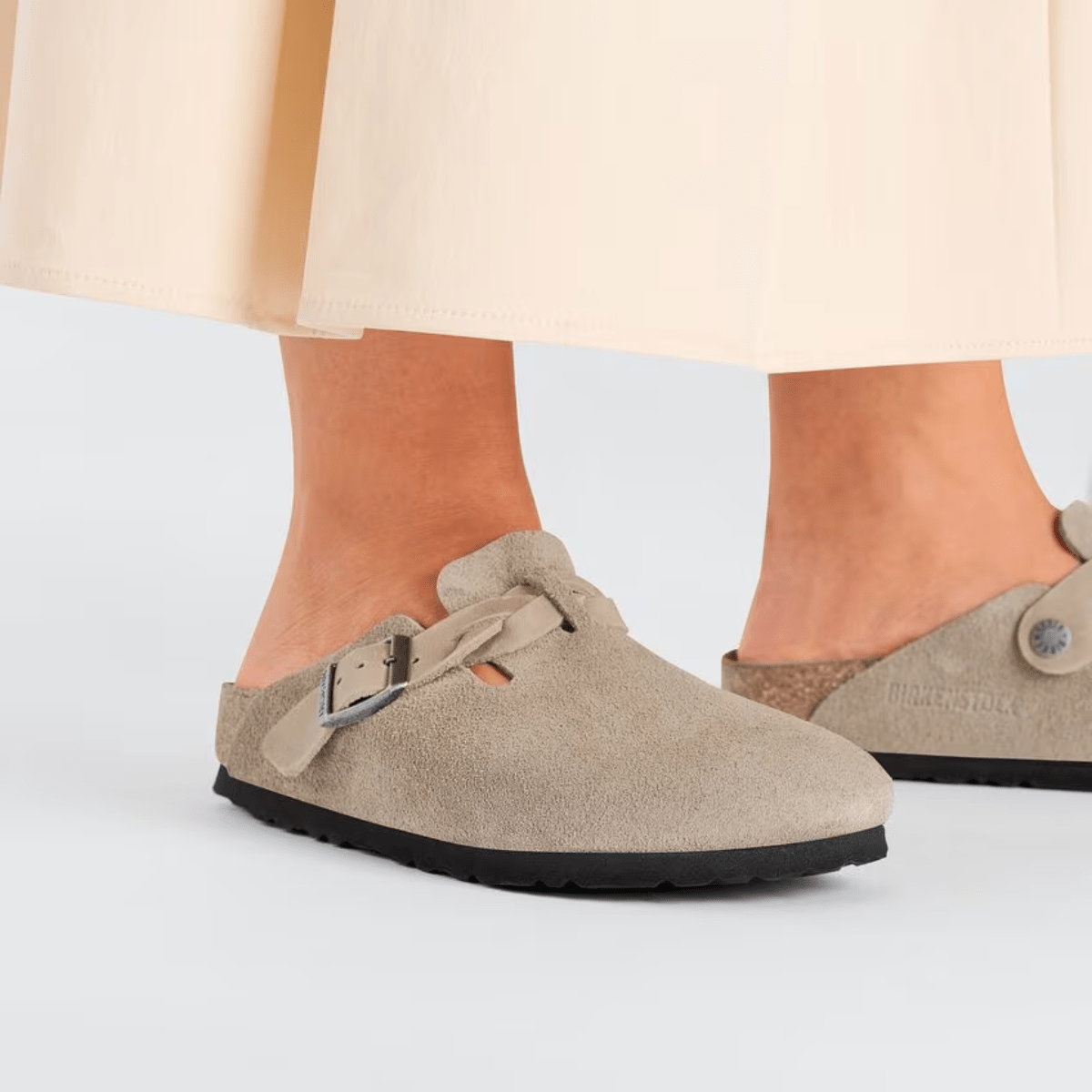 Birkenstock Women's Boston Braided Suede Leather in Taupe - Getoutside Shoes