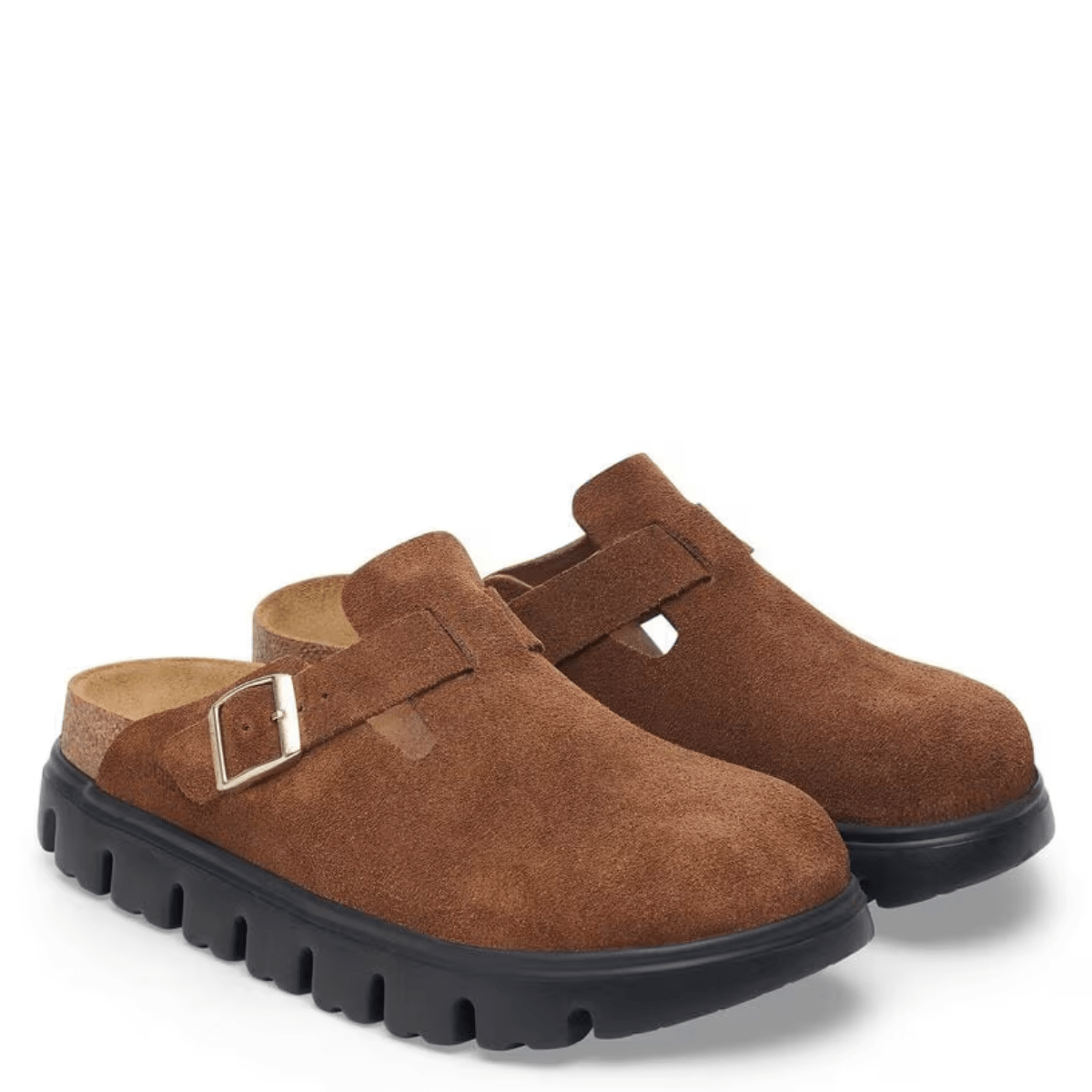 Birkenstock Women's Boston Chunky Suede Leather in Dark Tea/ Black - Getoutside Shoes