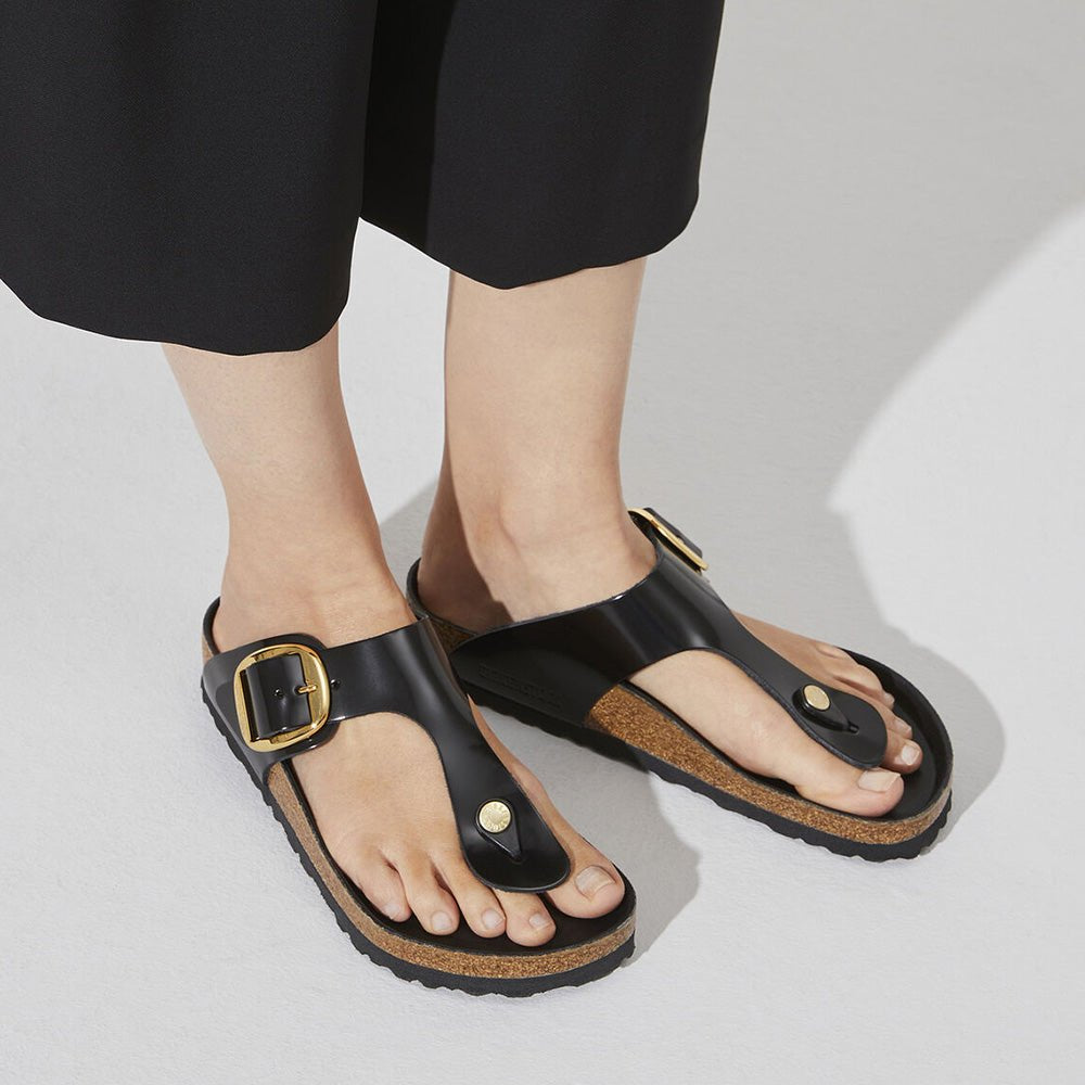 Birkenstock Women's Gizeh Big Buckle Natural Leather Patent in Black - Getoutside Shoes