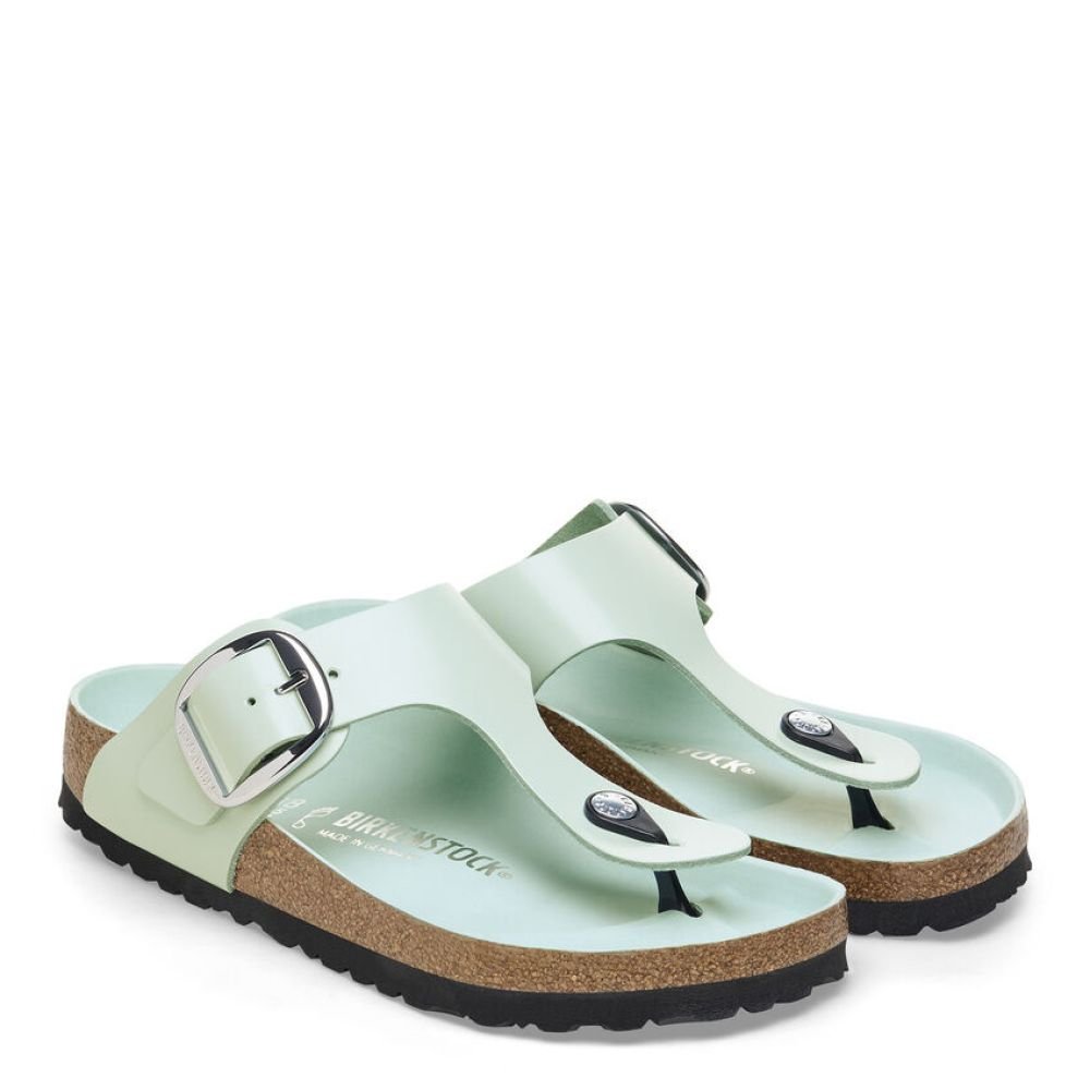 Birkenstock Women's Gizeh Big Buckle Natural Leather Patent in High-Shine Surf Green - Getoutside Shoes