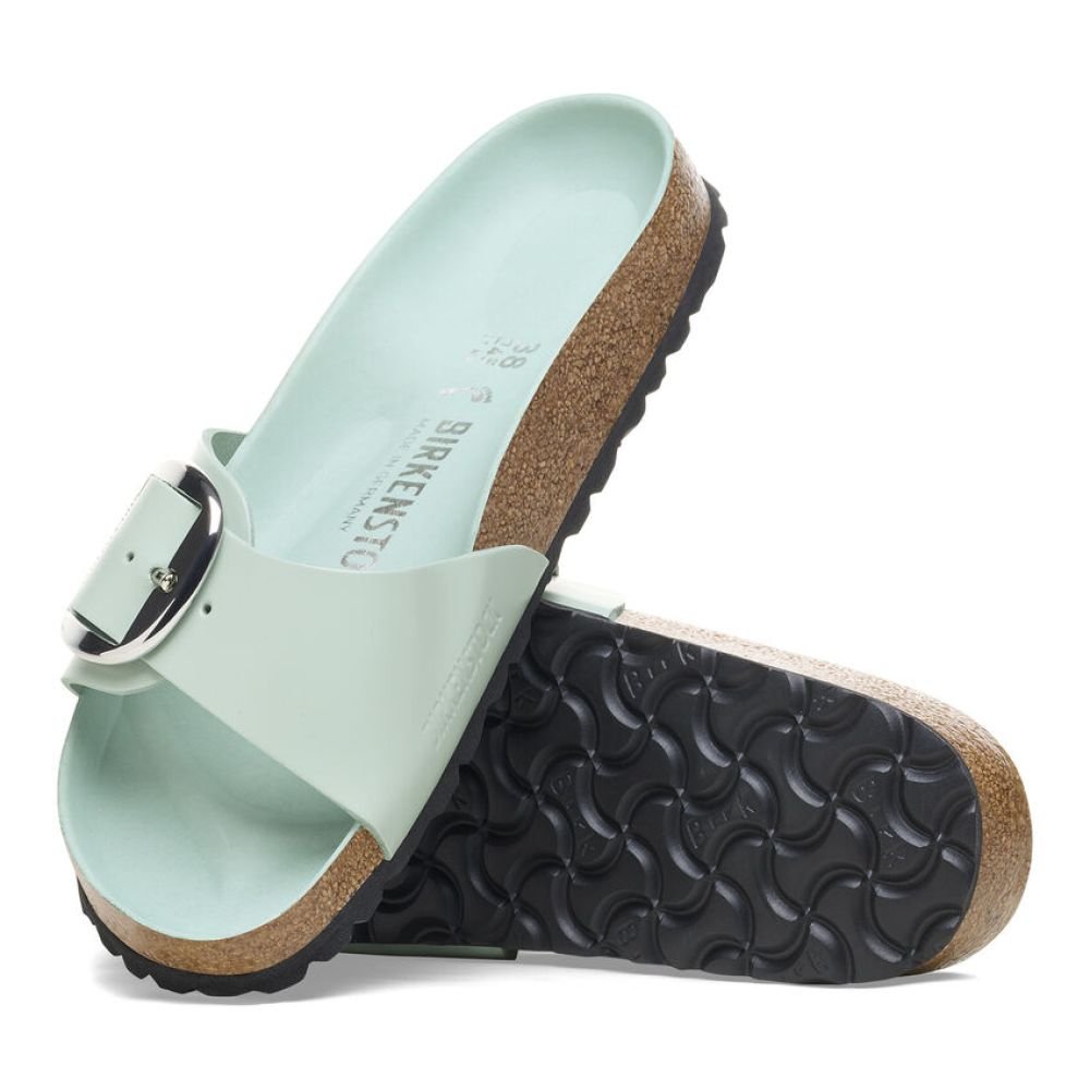 Birkenstock Women's Madrid Big Buckle Natural Leather Patent in High-Shine Surf Green - Getoutside Shoes