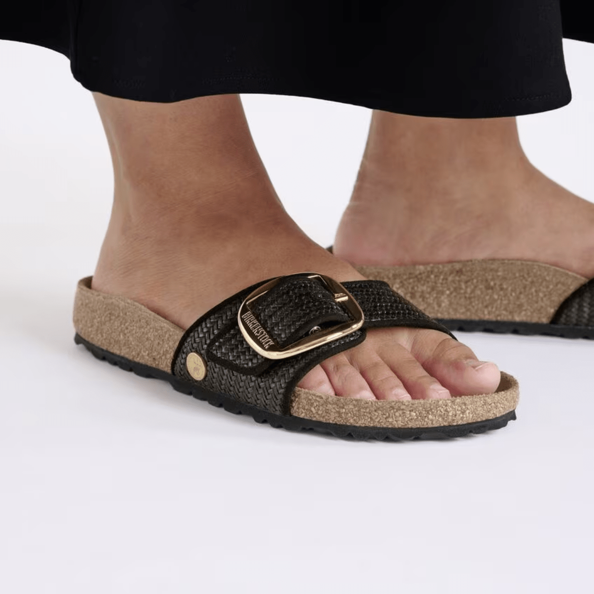 Birkenstock Women's Madrid Big Buckle Raffia Textile in Black - Getoutside Shoes