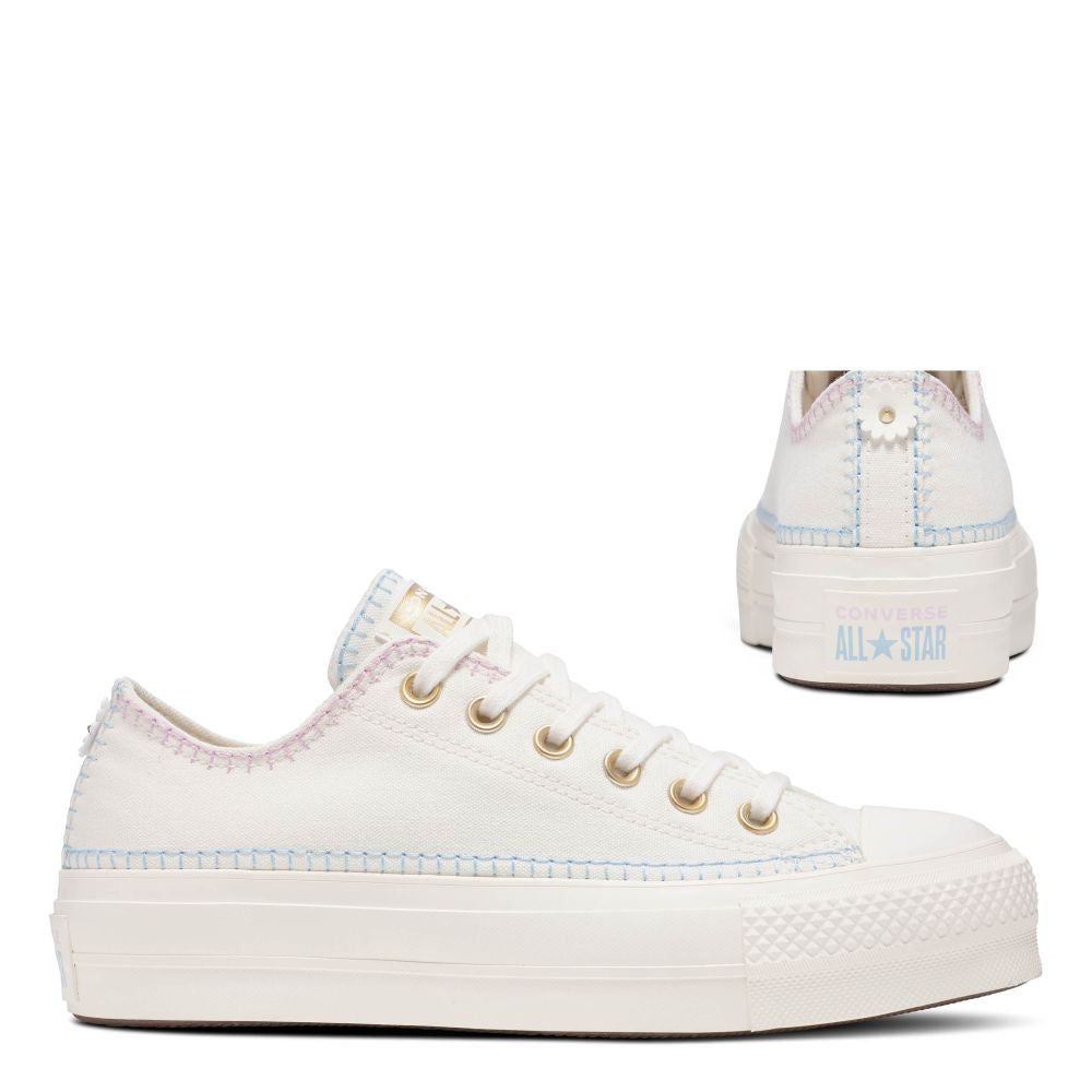 Converse Women&#39;s Chuck Taylor All Star Lift Platform Crafted Stitching Low Top in Egret/True Sky/Gold