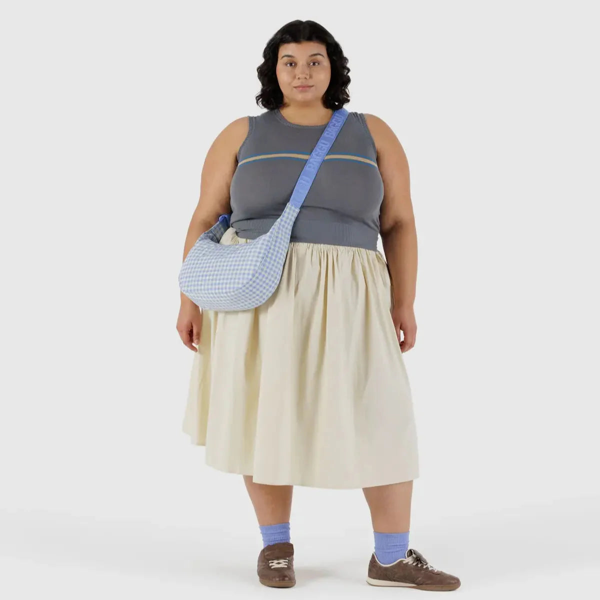 Baggu Medium Nylon Crescent Bag in Light Blue Gingham