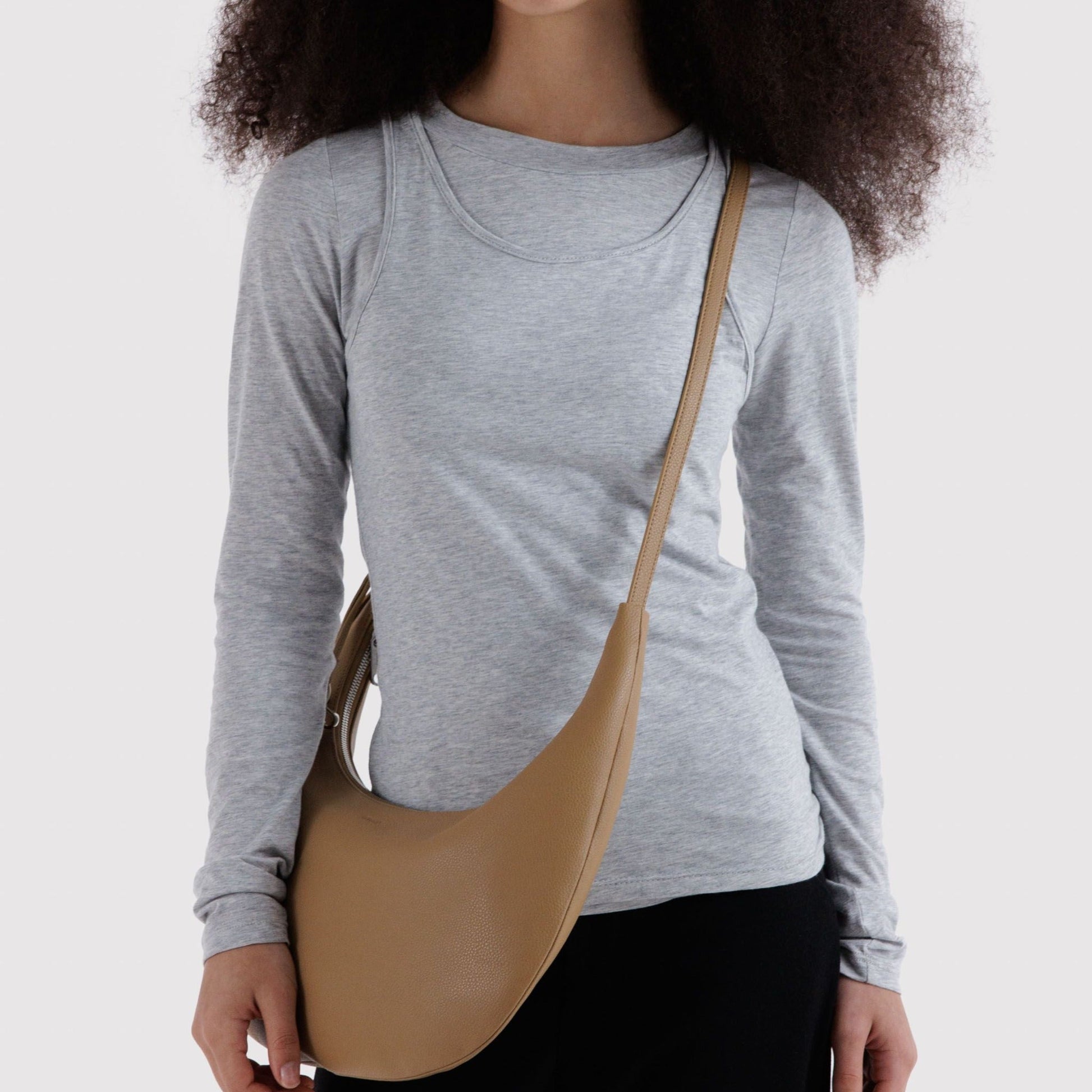 Baggu Medium Recycled Leather Flat Crescent in Dune