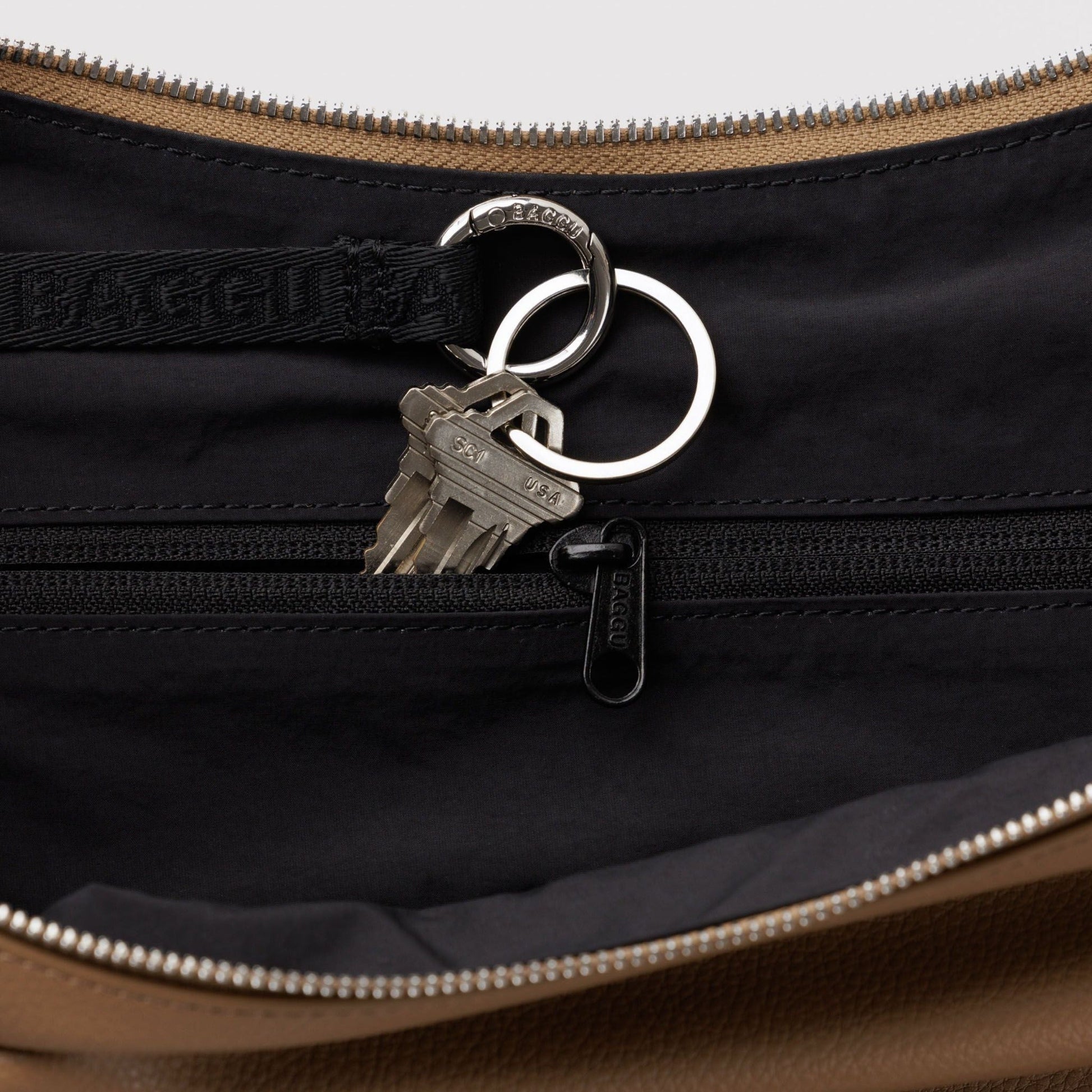 Baggu Medium Recycled Leather Flat Crescent in Dune