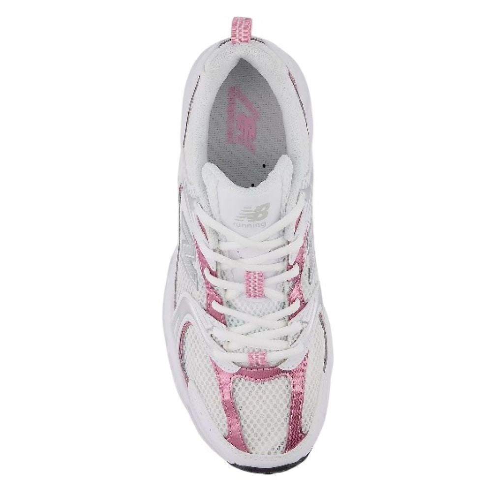 New Balance Women&#39;s 530 in White with Pink Sugar and Silver Metallic