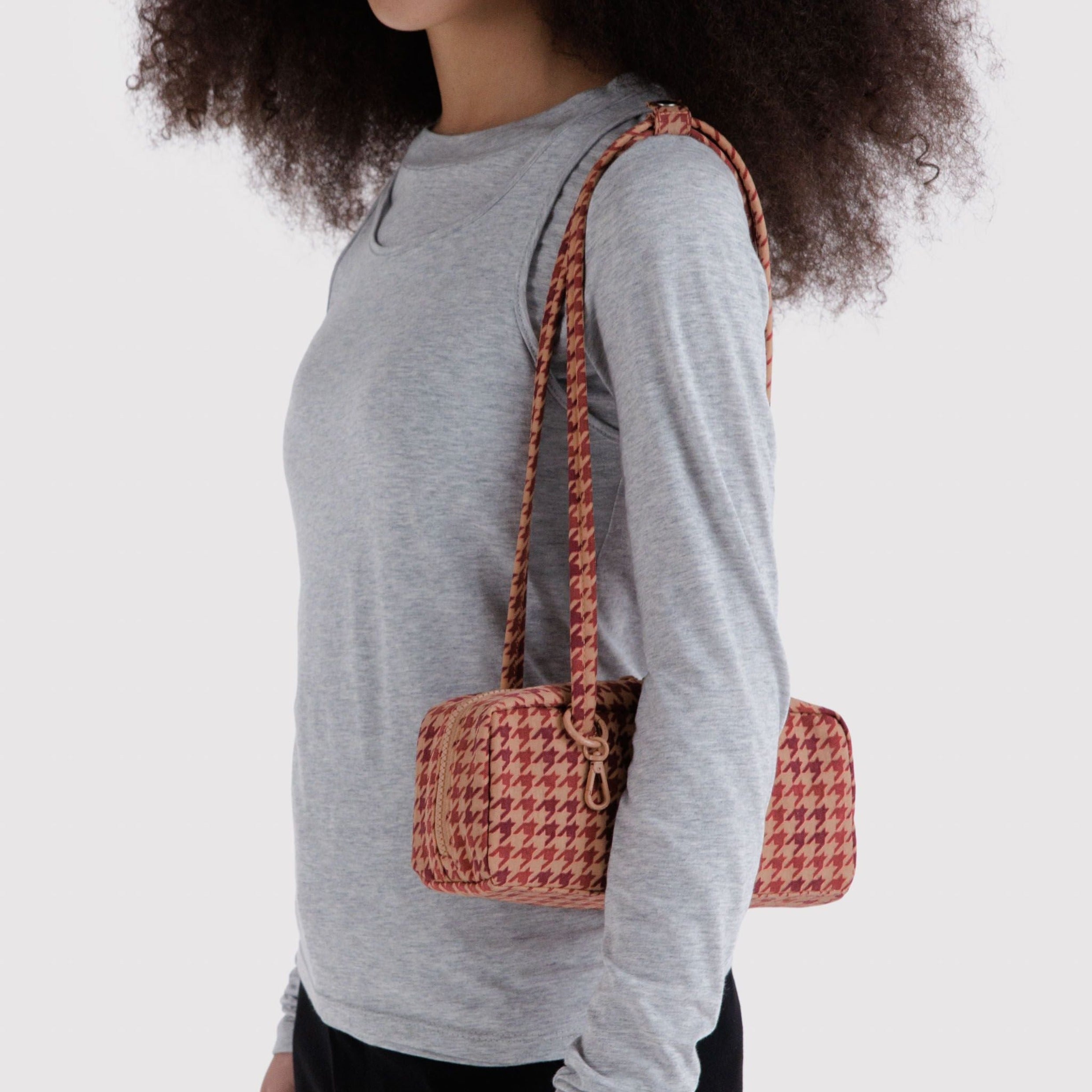 Baggu Small Nylon Bowler Bag in Tan Houndstooth