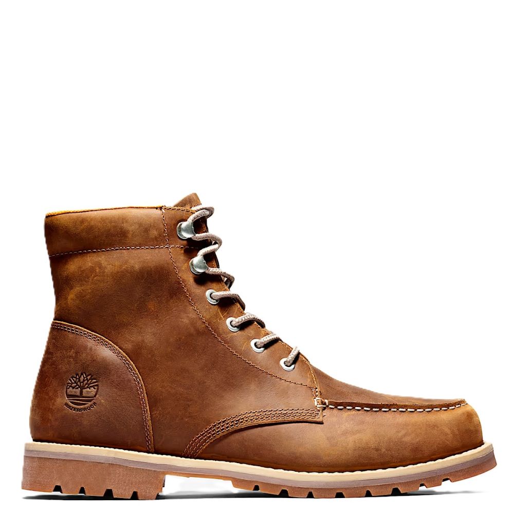 Tmberland Men's Redwood Falls Waterproof Moc-Toe Boot in Rust Full-Grain