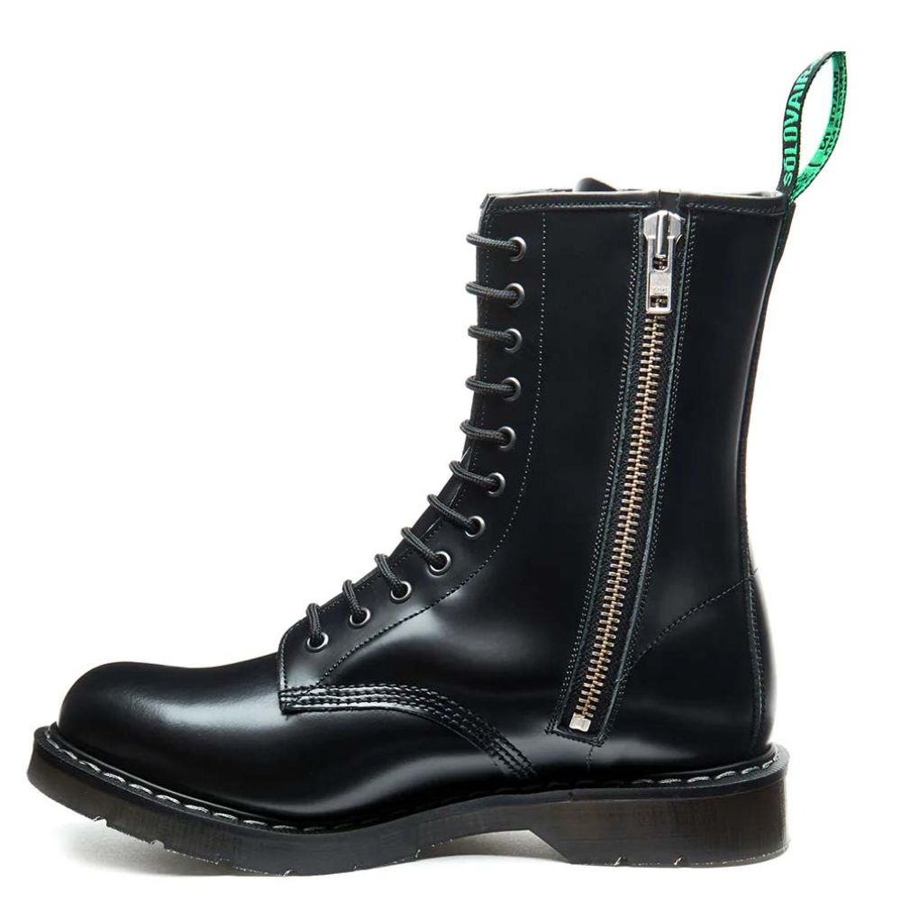 Solovair 11 Eye Zip Derby Boot in Black Hi-Shine