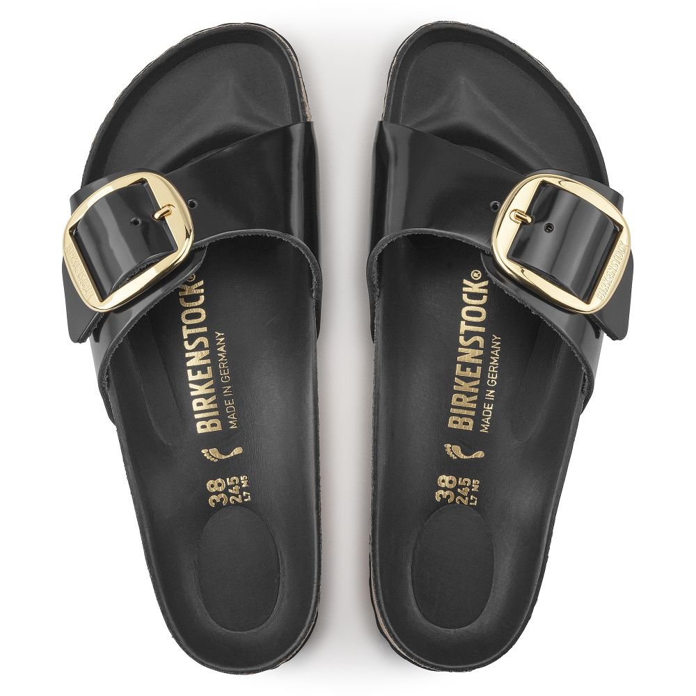 Birkenstock Women's Madrid Big Buckle Oiled Leather in High Shine Black - Getoutside Shoes